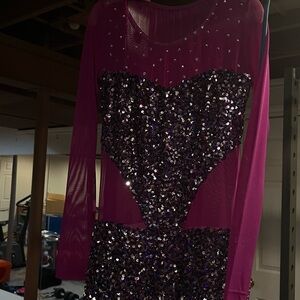 Purple Sequin Bodysuit Leotard Dance Costume with Sheer Pink Sleeves